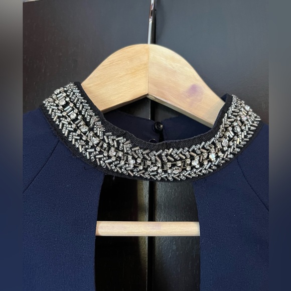 Navy evenings dress with sequenced collar, size small - Picture 2 of 9